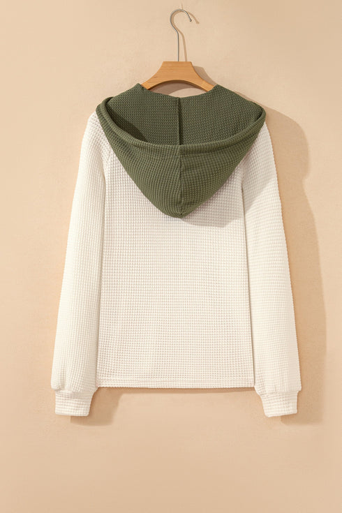 Textured Waffle Knit Henley Button Hooded Pullover
