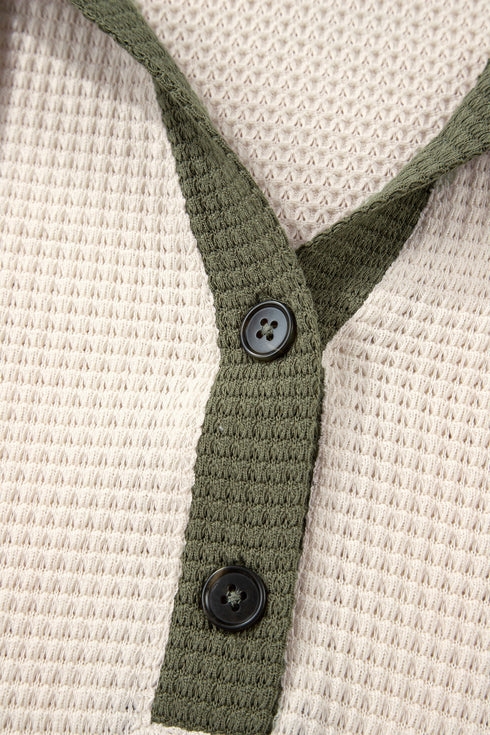 Textured Waffle Knit Henley Button Hooded Pullover