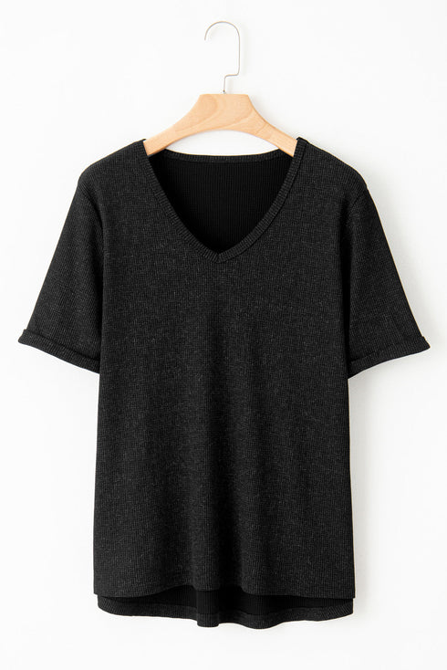 Textured Waffle Knit High Low Cuffed Sleeve Tee