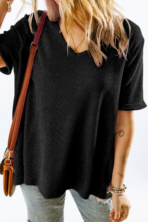 Textured Waffle Knit High Low Cuffed Sleeve Tee