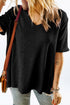 Textured Waffle Knit High Low Cuffed Sleeve Tee