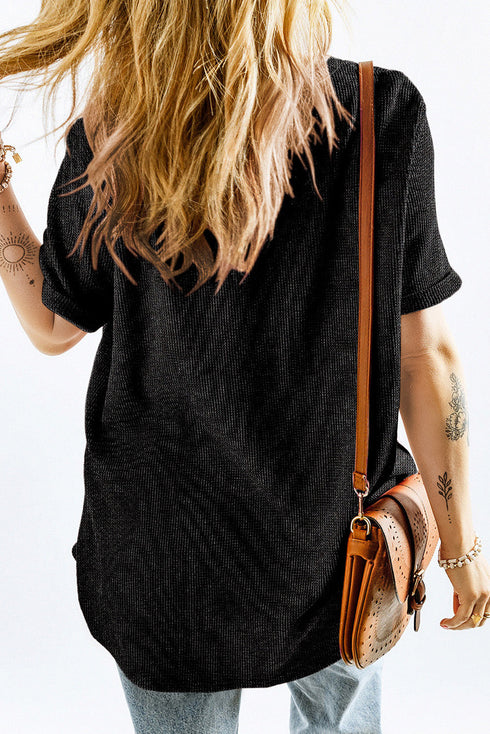 Textured Waffle Knit High Low Cuffed Sleeve Tee