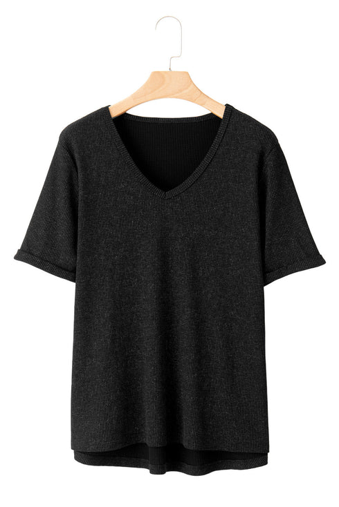 Textured Waffle Knit High Low Cuffed Sleeve Tee