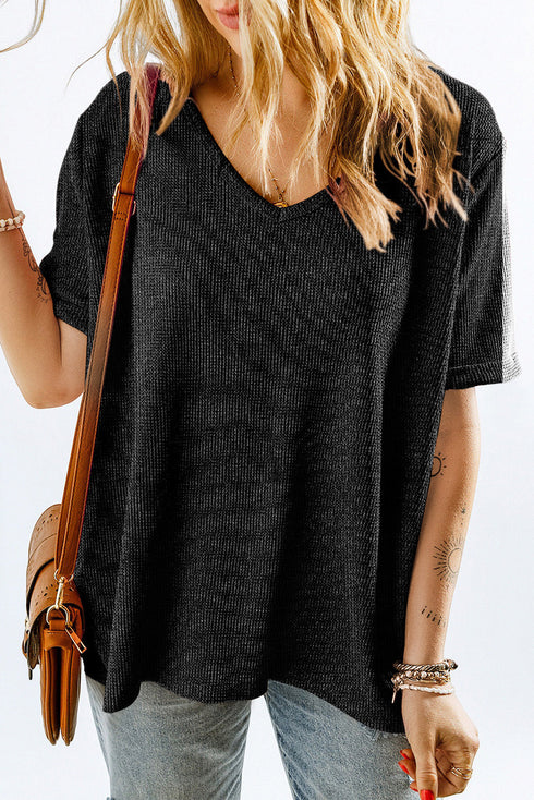 Textured Waffle Knit High Low Cuffed Sleeve Tee