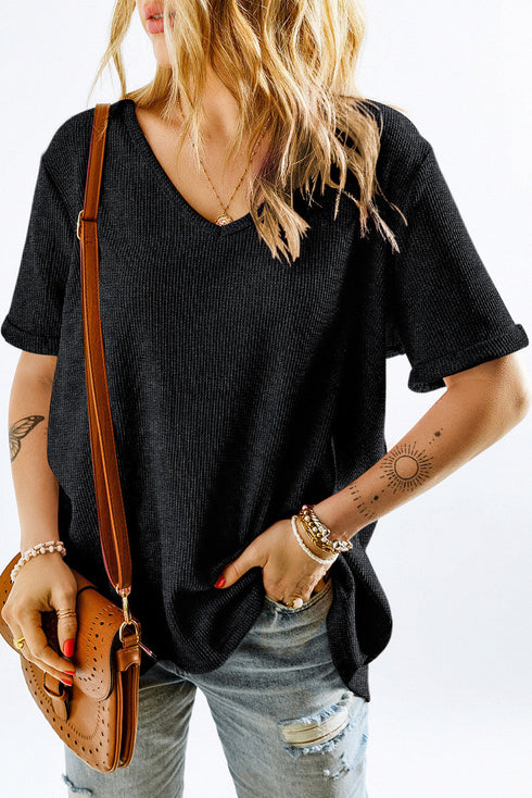 Textured Waffle Knit High Low Cuffed Sleeve Tee