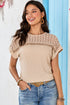 Textured Waffle Knit Lace Patchwork V Neck Top