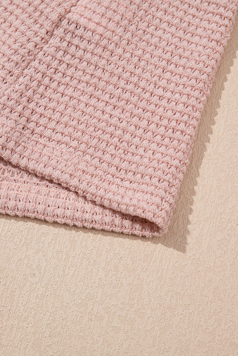 Textured Waffle Knit Lace Patchwork V Neck Top