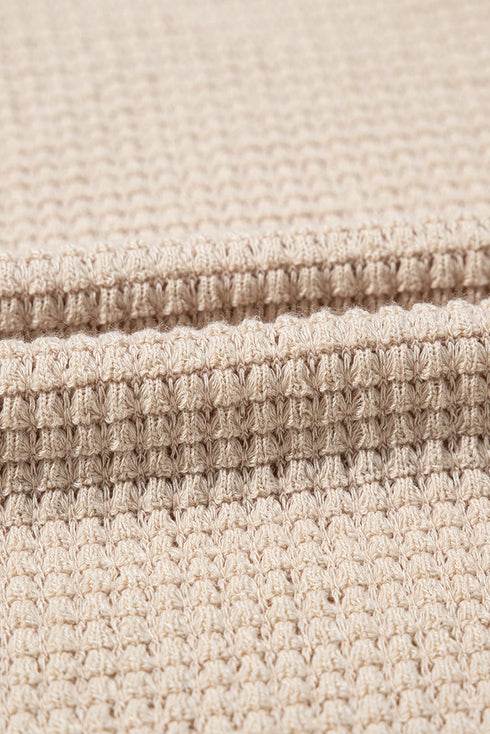 Textured Waffle Knit Lace Patchwork V Neck Top