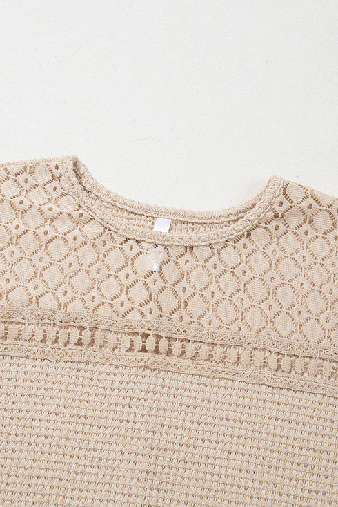 Textured Waffle Knit Lace Patchwork V Neck Top