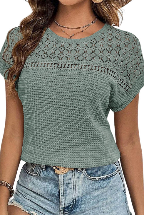 Textured Waffle Knit Lace Patchwork V Neck Top