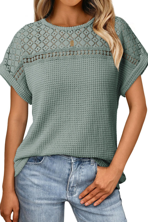 Textured Waffle Knit Lace Patchwork V Neck Top