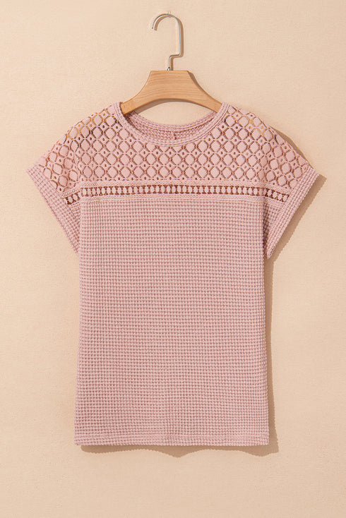 Textured Waffle Knit Lace Patchwork V Neck Top