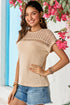 Textured Waffle Knit Lace Patchwork V Neck Top