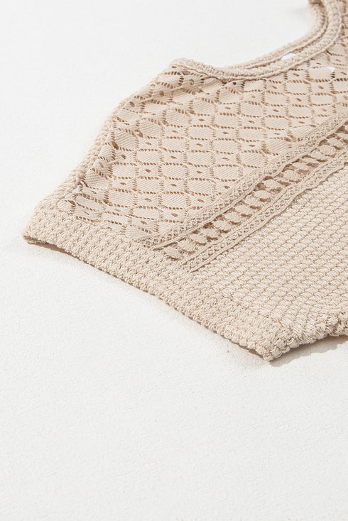 Textured Waffle Knit Lace Patchwork V Neck Top