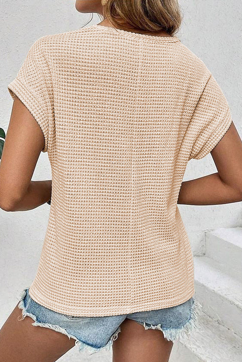 Textured Waffle Knit Lace Patchwork V Neck Top