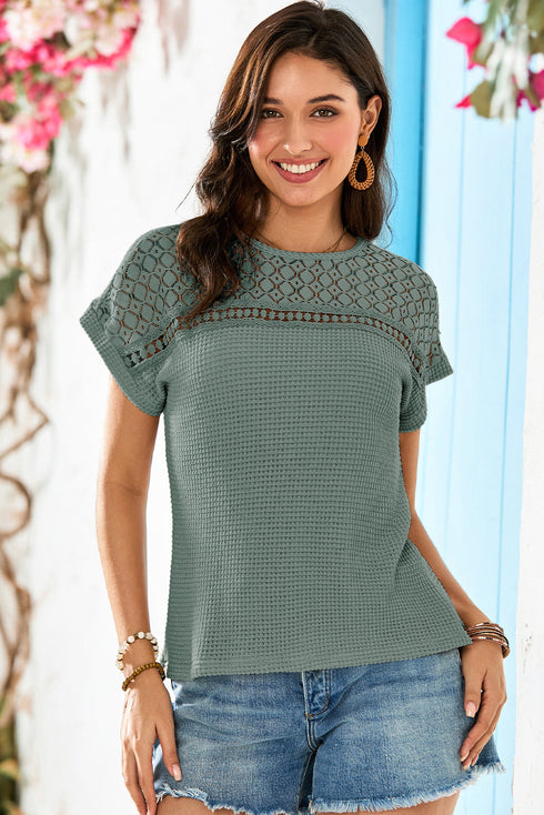 Textured Waffle Knit Lace Patchwork V Neck Top