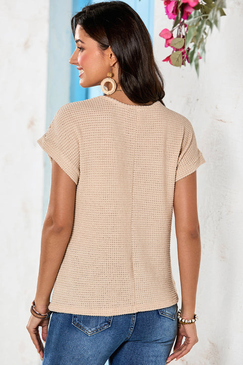 Textured Waffle Knit Lace Patchwork V Neck Top