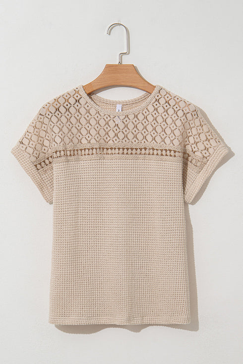 Textured Waffle Knit Lace Patchwork V Neck Top