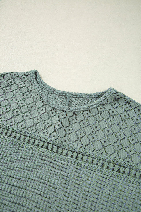 Textured Waffle Knit Lace Patchwork V Neck Top