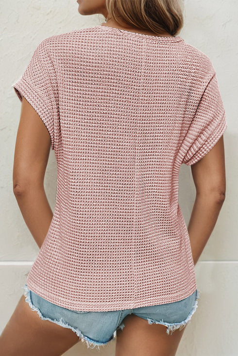 Textured Waffle Knit Lace Patchwork V Neck Top
