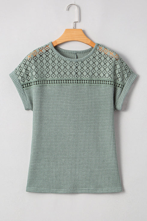 Textured Waffle Knit Lace Patchwork V Neck Top