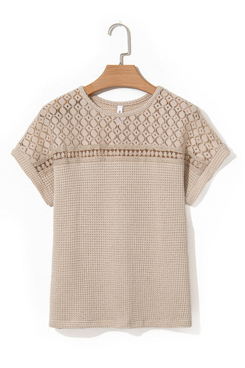 Textured Waffle Knit Lace Patchwork V Neck Top