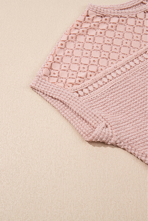 Textured Waffle Knit Lace Patchwork V Neck Top