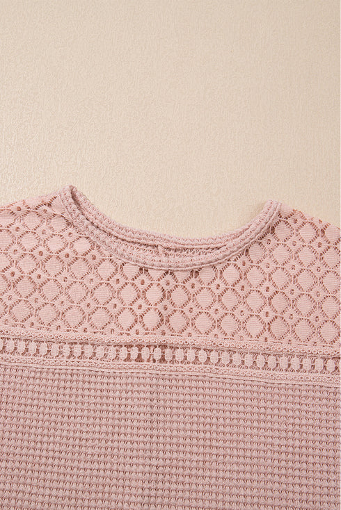 Textured Waffle Knit Lace Patchwork V Neck Top