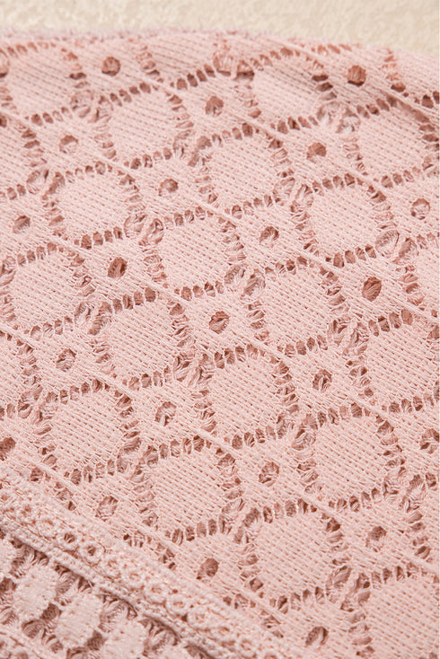 Textured Waffle Knit Lace Patchwork V Neck Top