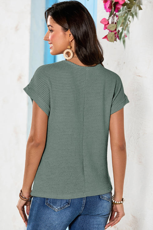 Textured Waffle Knit Lace Patchwork V Neck Top