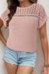 Textured Waffle Knit Lace Patchwork V Neck Top