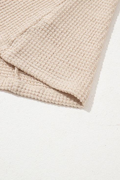 Textured Waffle Knit Lace Patchwork V Neck Top