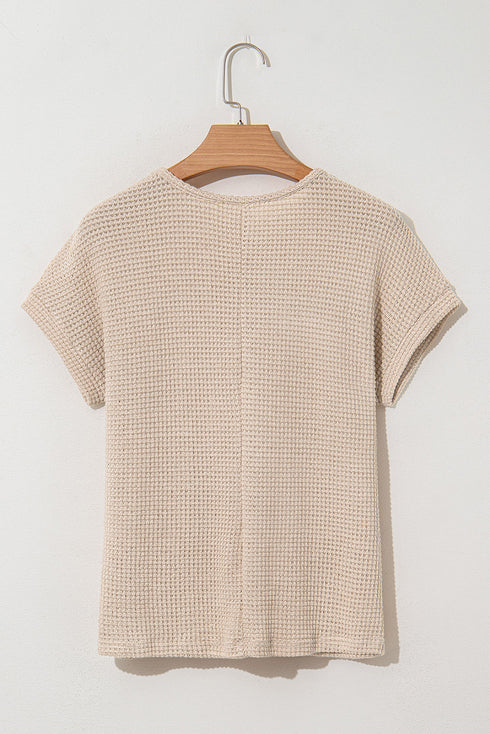 Textured Waffle Knit Lace Patchwork V Neck Top
