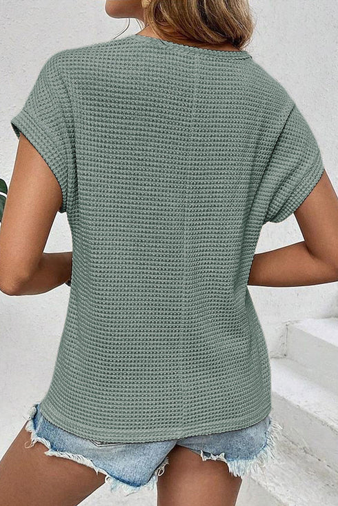 Textured Waffle Knit Lace Patchwork V Neck Top