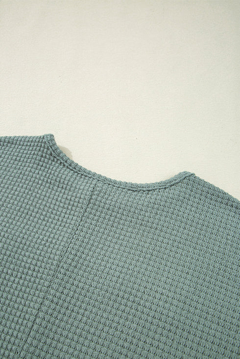 Textured Waffle Knit Lace Patchwork V Neck Top