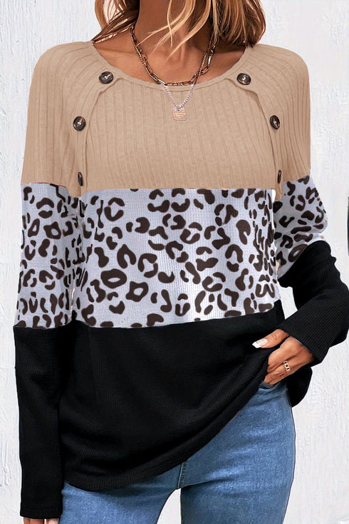 Textured Waffle Knit Leopard Print Button Neck Top