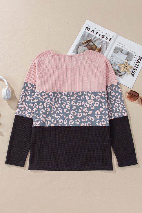 Textured Waffle Knit Leopard Print Button Neck Top