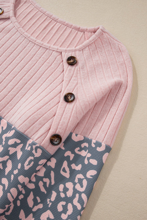 Textured Waffle Knit Leopard Print Button Neck Top