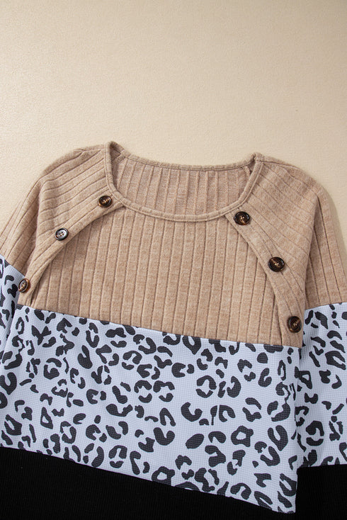 Textured Waffle Knit Leopard Print Button Neck Top