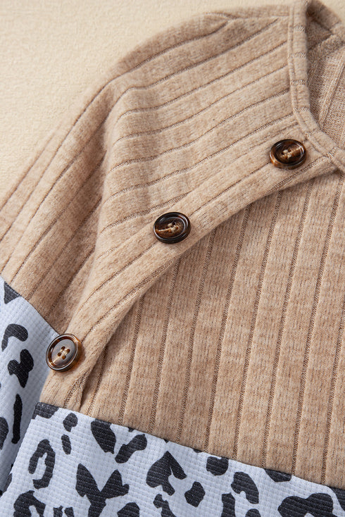 Textured Waffle Knit Leopard Print Button Neck Top