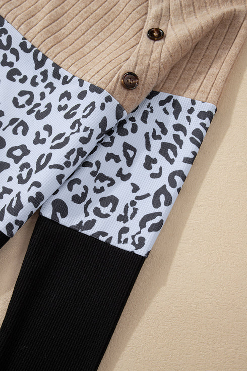 Textured Waffle Knit Leopard Print Button Neck Top