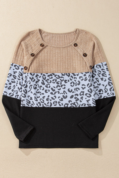 Textured Waffle Knit Leopard Print Button Neck Top