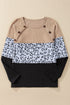 Textured Waffle Knit Leopard Print Button Neck Top