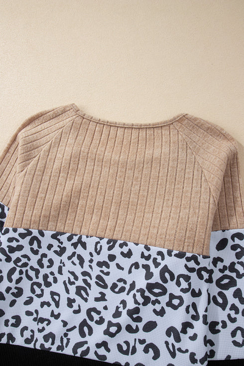 Textured Waffle Knit Leopard Print Button Neck Top