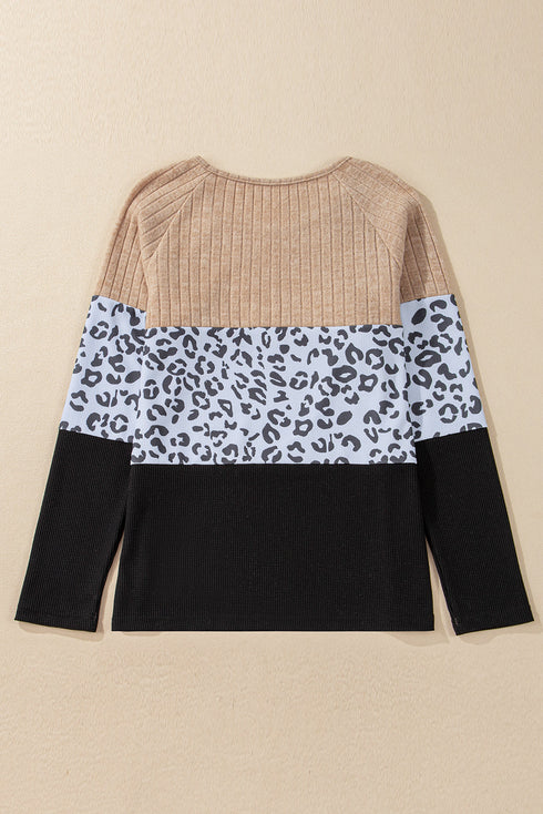 Textured Waffle Knit Leopard Print Button Neck Top