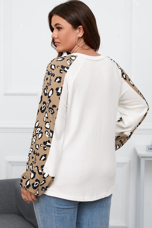 Textured Waffle Knit Leopard Print Long Sleeve Top