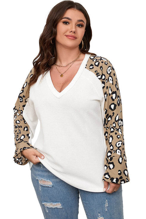 Textured Waffle Knit Leopard Print Long Sleeve Top