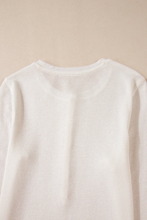 Textured Waffle Knit Long Sleeve Button Front Henley Top