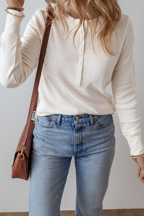 Textured Waffle Knit Long Sleeve Button Front Henley Top