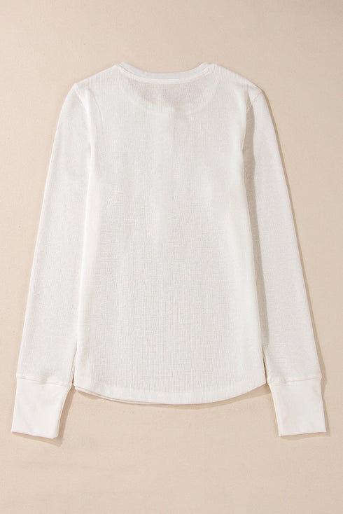 Textured Waffle Knit Long Sleeve Button Front Henley Top